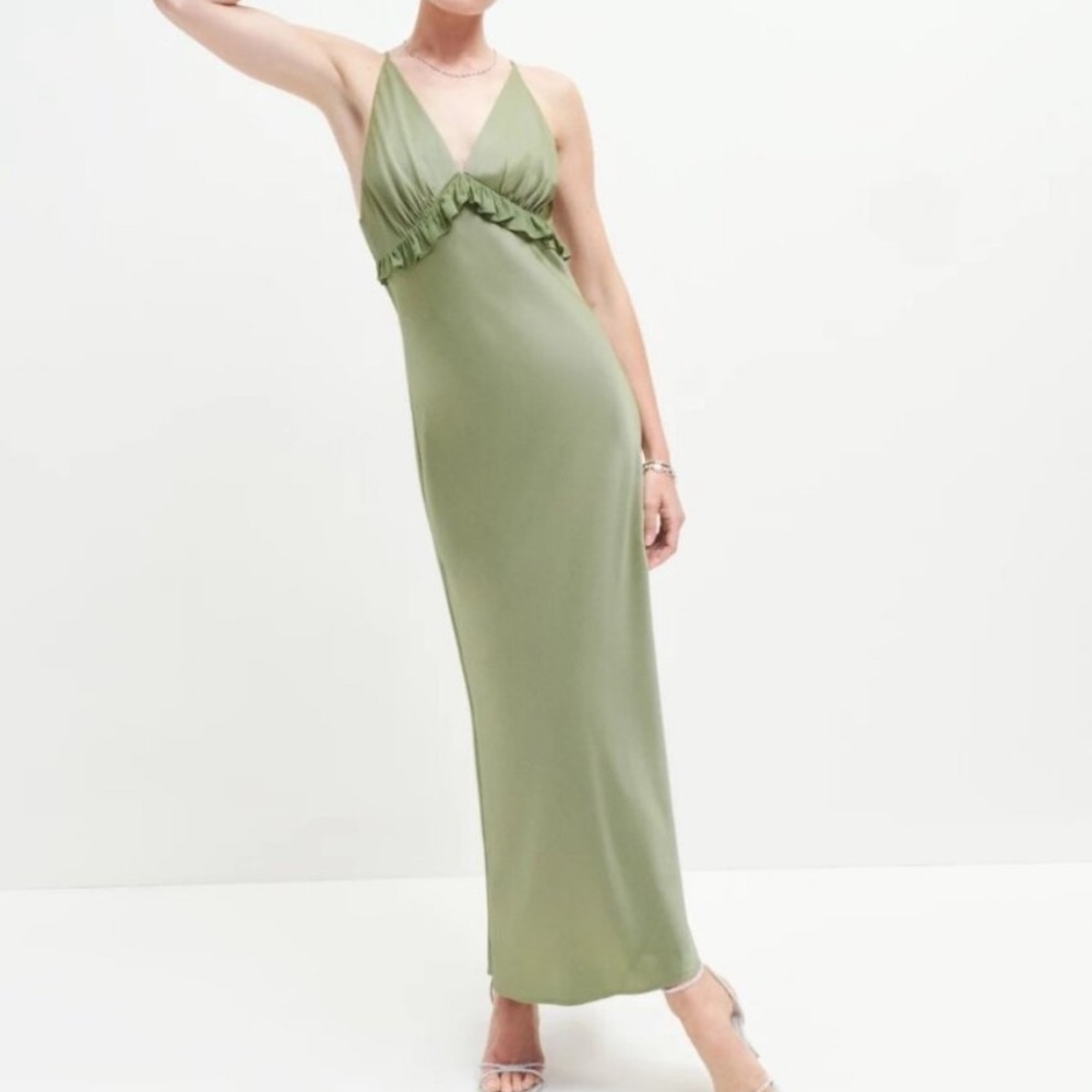 Reformation Madrigal Satin Dress in Artichoke